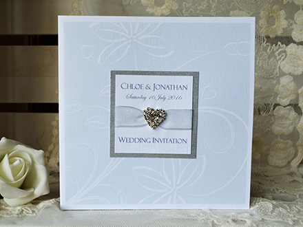 Louisa Single Fold Invitation with Panel, Ribbon and Diamante Heart